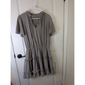 Womens Sage Grey Ruffle Tiered Mini Dress V-Neck Flutter Sleeve Size Large